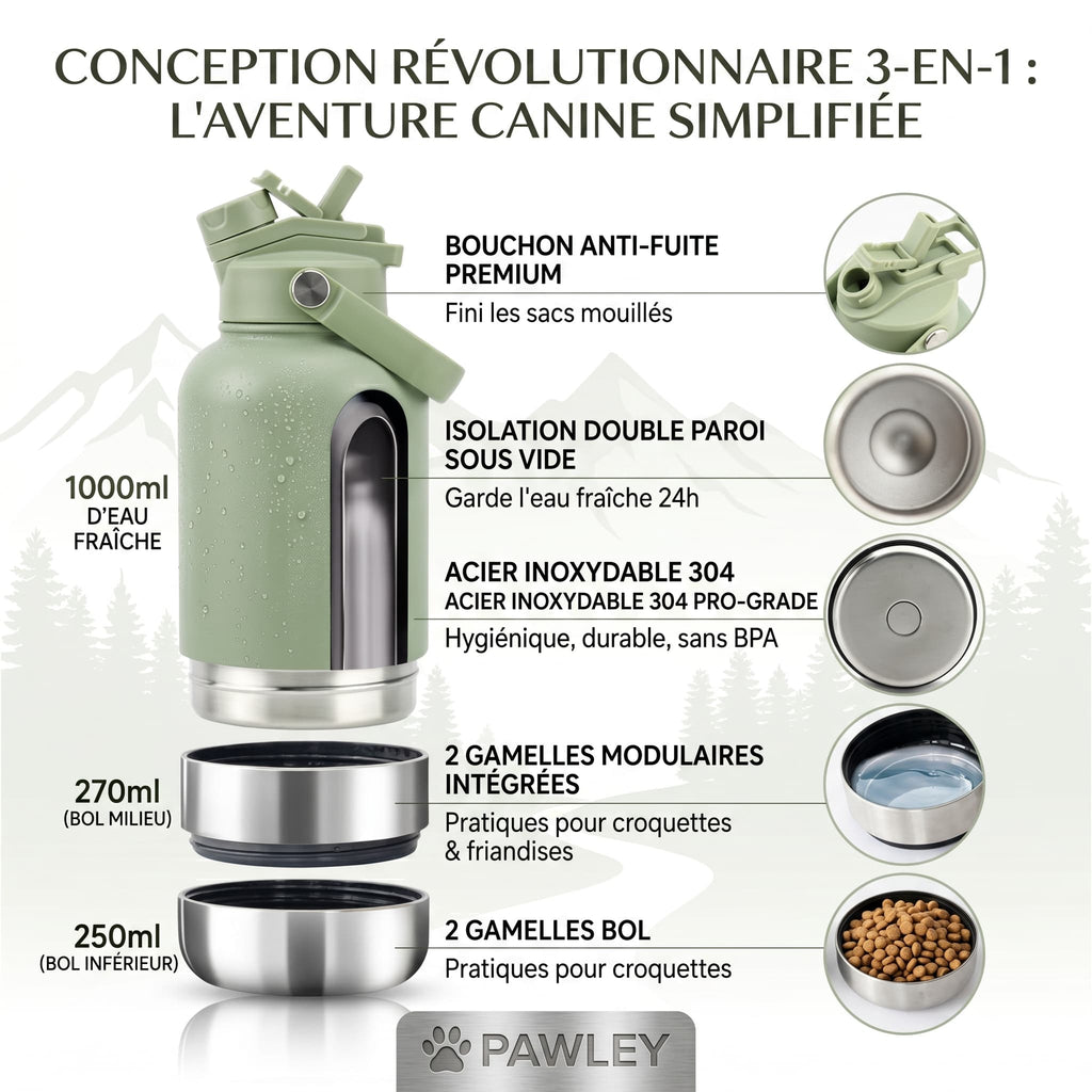 Gourde pour chien isotherme 3 - en - 1 Inox 1L + 2 Gamelles PAWLEY - PAWLEY - conception