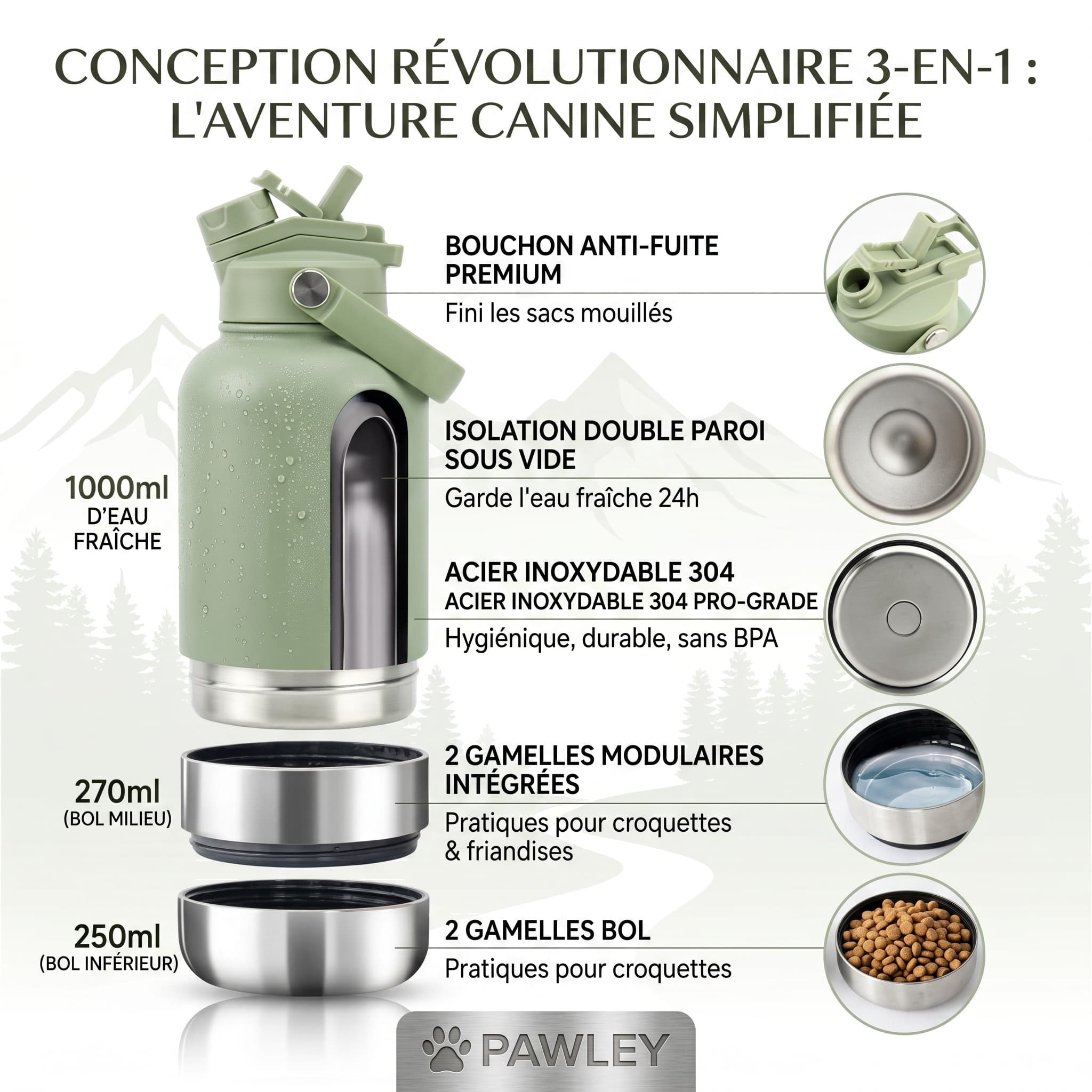 Gourde pour chien isotherme 3 - en - 1 Inox 1L + 2 Gamelles PAWLEY - PAWLEY - conception