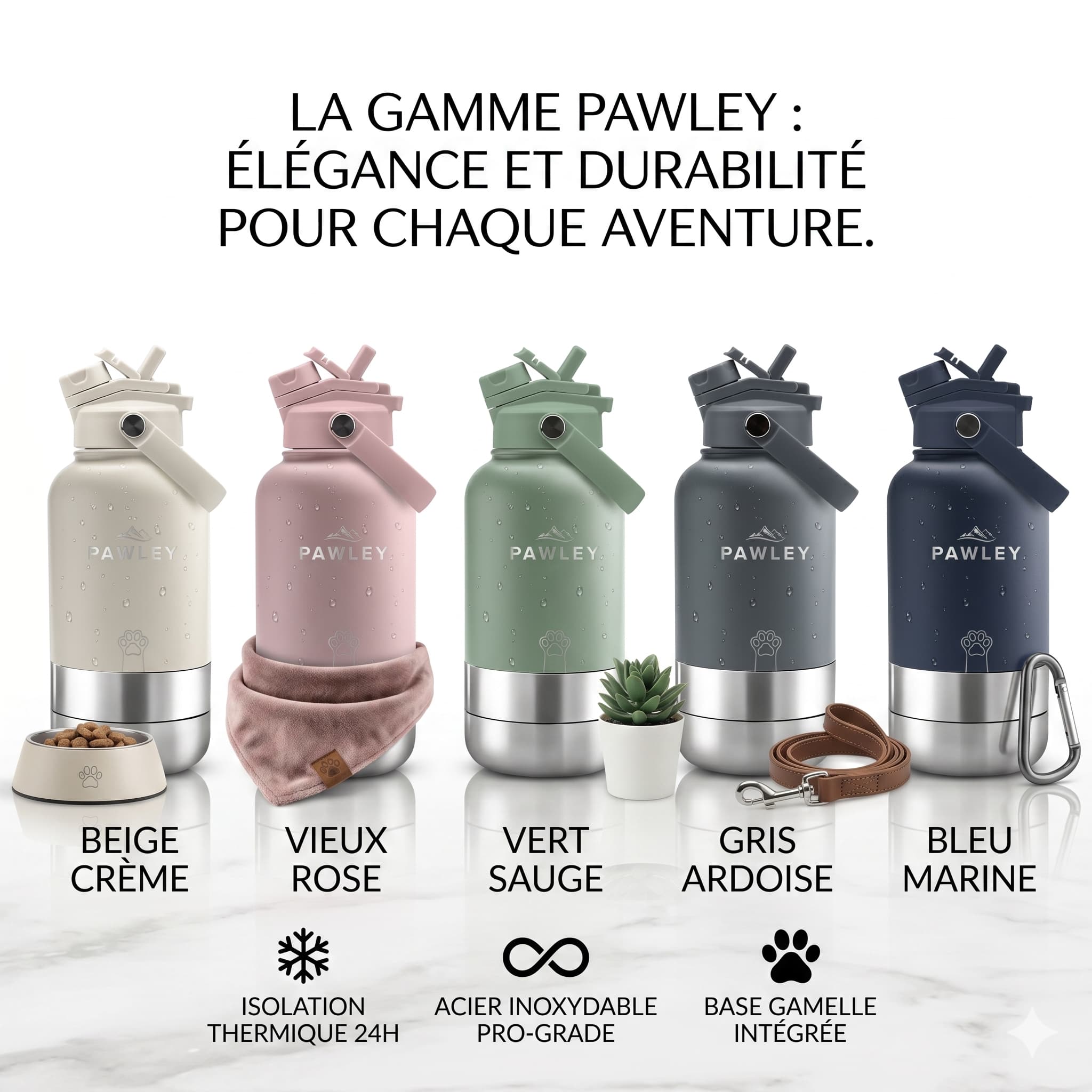 Gourde pour chien isotherme 3 - en - 1 Inox 1L + 2 Gamelles PAWLEY - PAWLEY - couleurs