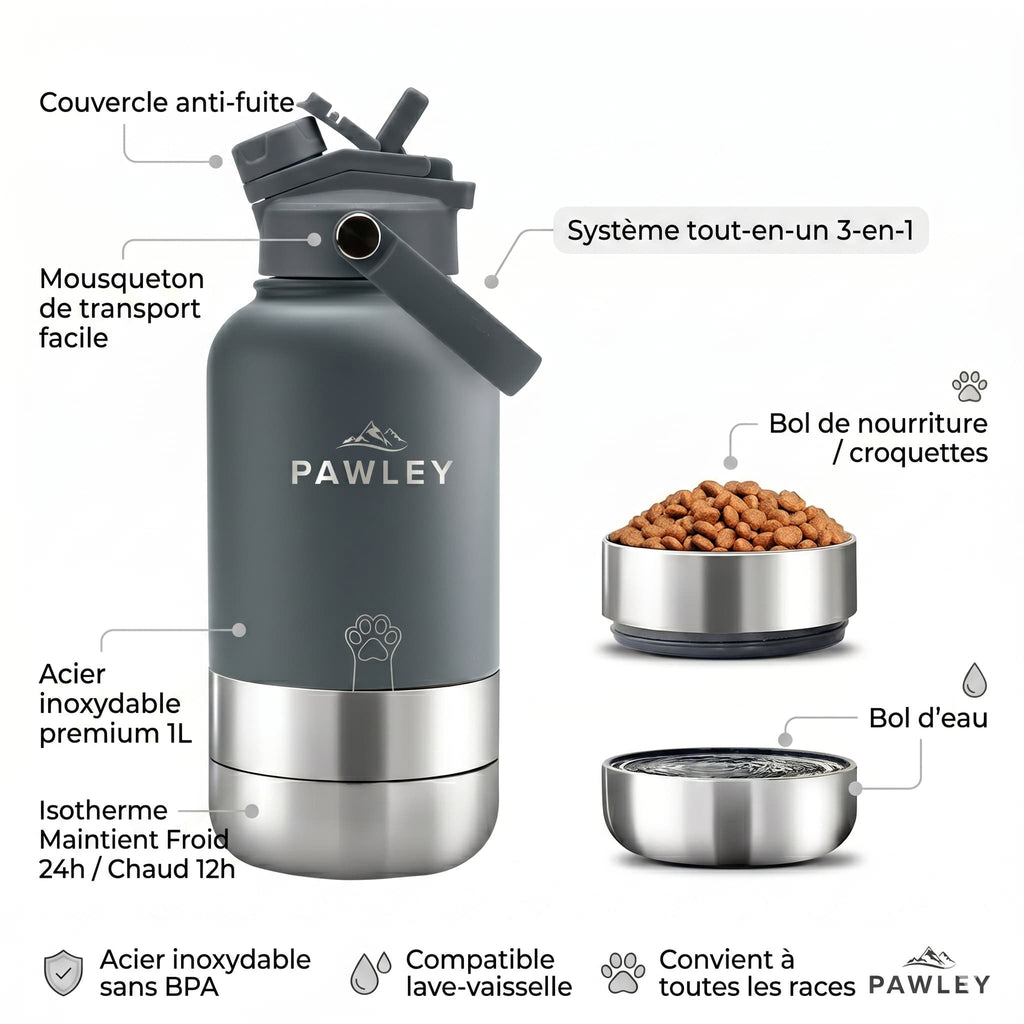 Gourde pour chien isotherme 3 - en - 1 Inox 1L + 2 Gamelles PAWLEY - PAWLEY - détail