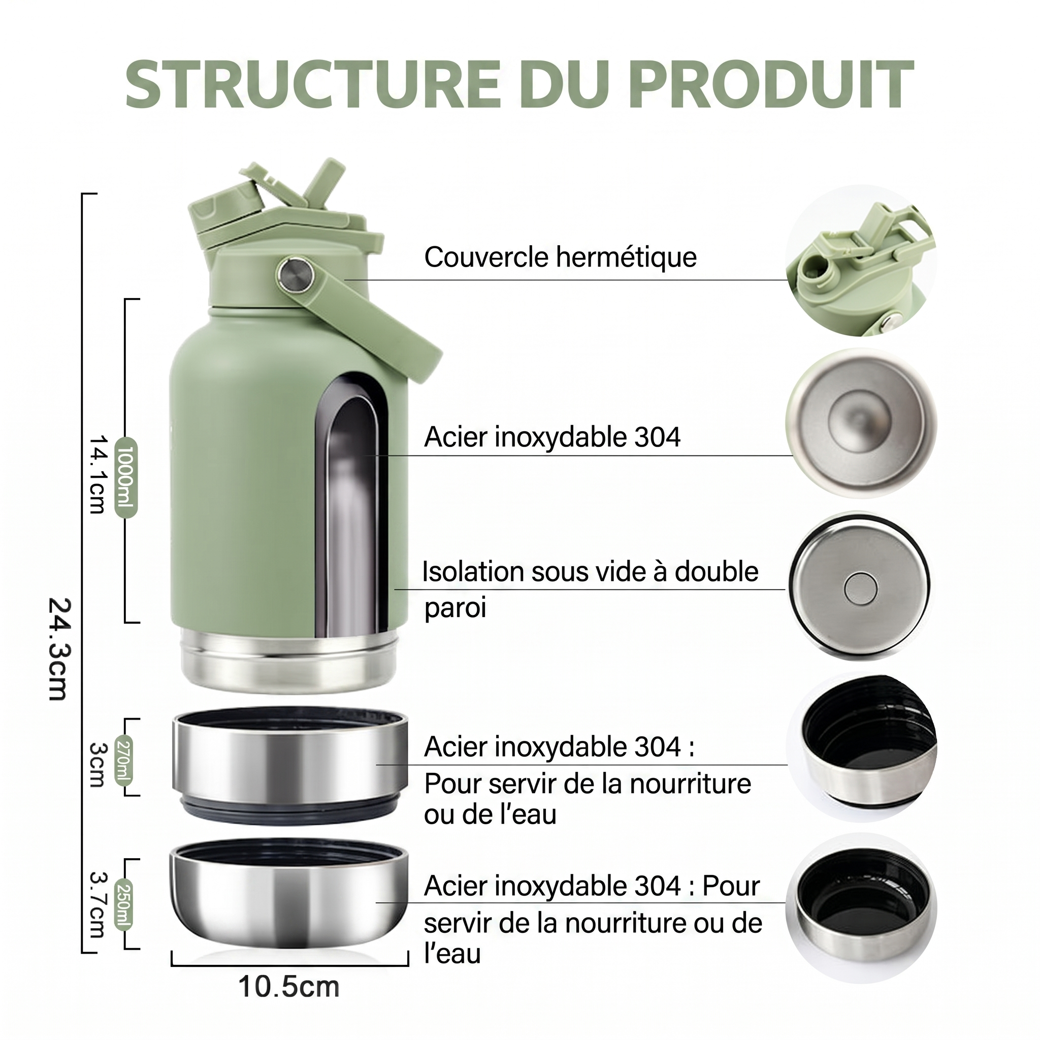 Gourde pour Chien Isotherme 3-en-1 | Inox 1L + 2 Gamelles | PAWLEY