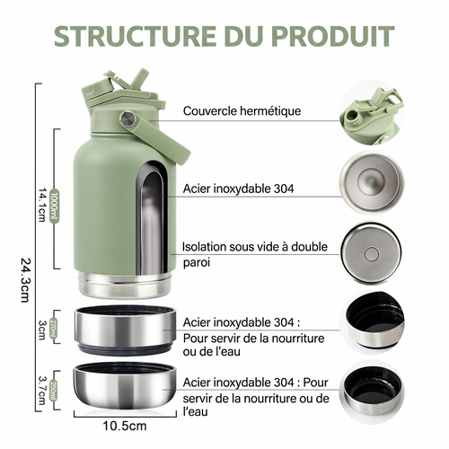 Gourde pour Chien Isotherme 3-en-1 | Inox 1L + 2 Gamelles | PAWLEY