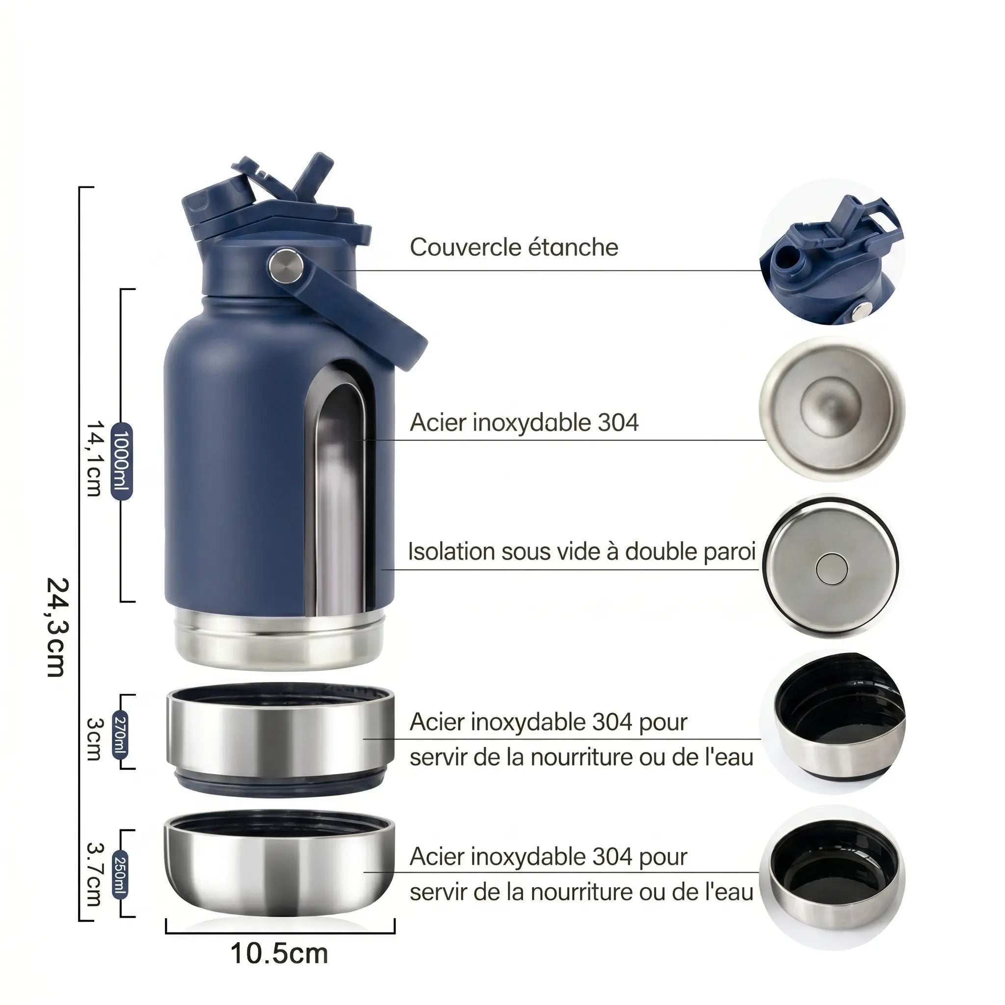 Gourde pour chien isotherme 3-en-1 Inox 1L + 2 Gamelles PAWLEY - PAWLEY