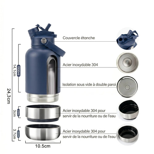 Gourde pour chien isotherme 3-en-1 Inox 1L + 2 Gamelles PAWLEY - PAWLEY