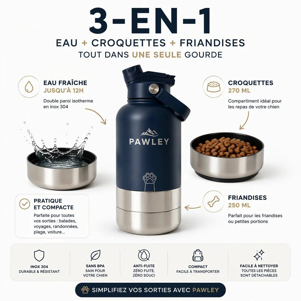 Gourde pour chien isotherme 3-en-1 Inox 1L + 2 Gamelles PAWLEY - PAWLEY